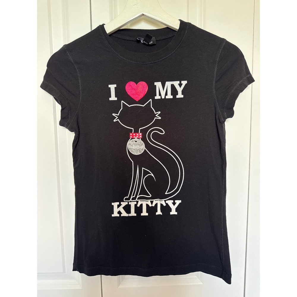 Bebe Vintage I Love My Kitty Graphic Tee Black Rhinestone Cat Shirt Womens M